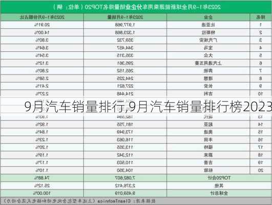 9月汽车销量排行,9月汽车销量排行榜2023